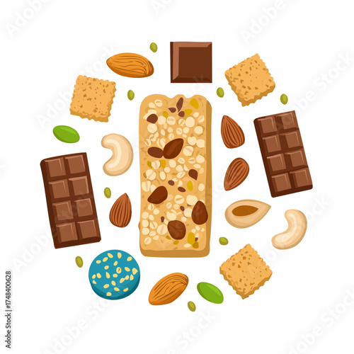A granola bar surrounded by nuts and seeds placed beside sugary biscuits and chocolate.