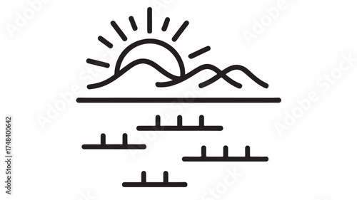 Serene sunrise over rolling hills and calm water, minimalist line art.