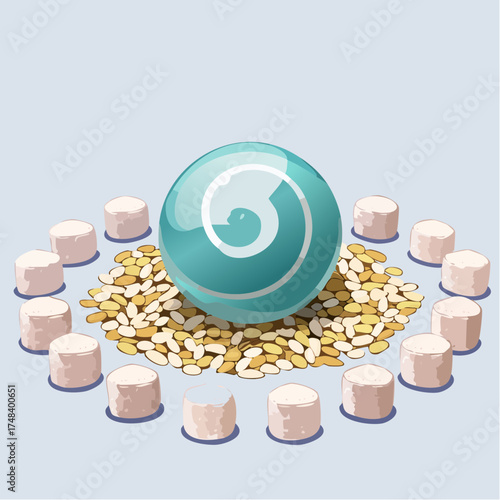 A yogic energy ball surrounded by oats and chia seeds sitting beside sugary marshmallows.