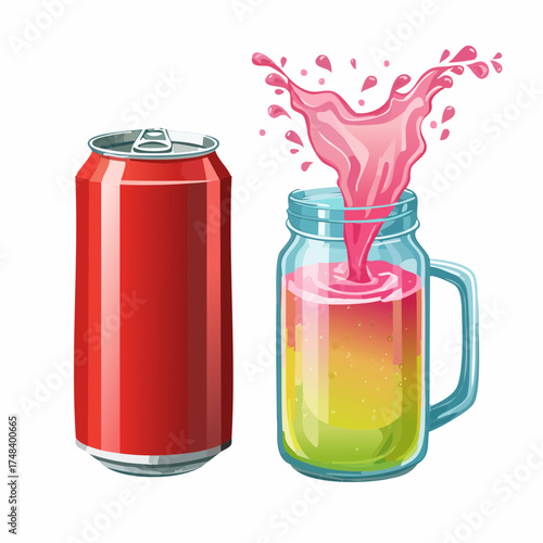 A refreshing smoothie pouring from a jug on one side against a can of soda fizzing brightly.