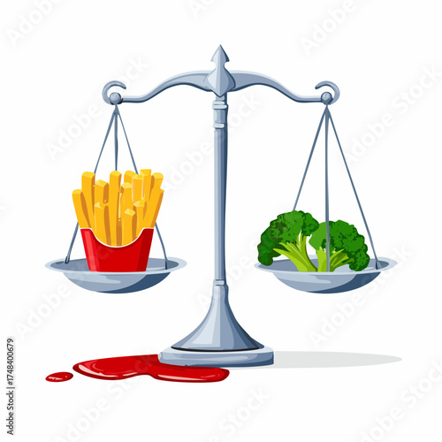 A set of scales tipped with colorful steamed broccoli against greasy fries and ketchup.