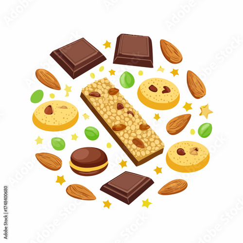A granola bar surrounded by nuts and seeds placed beside sugary biscuits and chocolate.