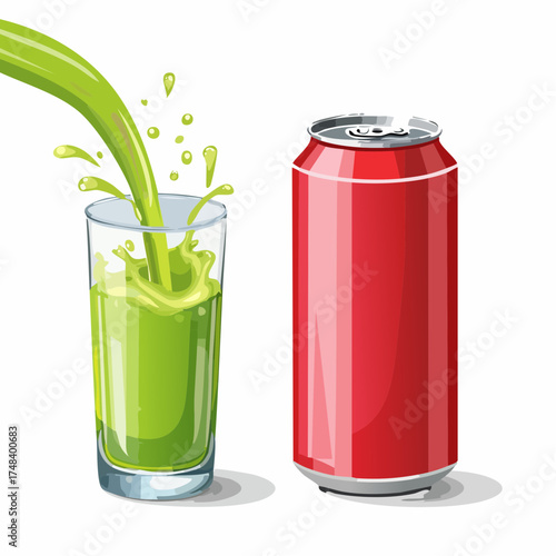 A refreshing smoothie pouring from a jug on one side against a can of soda fizzing brightly.