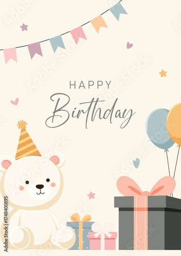 birthday postcards with  confetti, balloons, gifts,cute teddy bear and hand writing. Invitations, happy birthday. Vector templates great for card, poster, flyer or banner