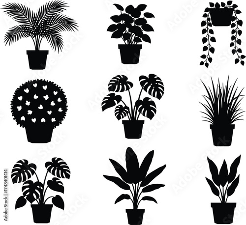 Silhouette potted plants vector, black indoor plant icons, decorative houseplant clipart, botanical foliage set, minimalist greenery design, home decor elements