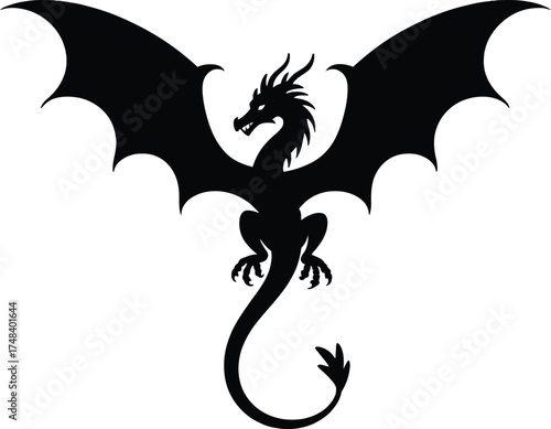 Elegant black dragon illustration with spread wings on transparent background silhouette