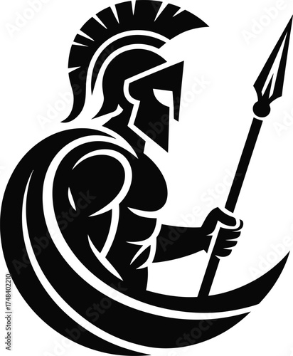Ancient spartan warrior with spear and helmet swirling design on transparent background silhouette
