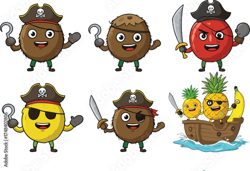 Cartoon pirate fruits, kiwi with hook, coconut pirate, apple with sword, lemon with sunglasses, pineapple ship crew, whimsical illustration