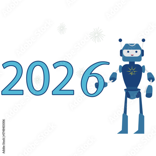 Cheerful robot welcomes the year 2026 with fireworks, ushering in a future filled with innovation and technological advancements for everyone