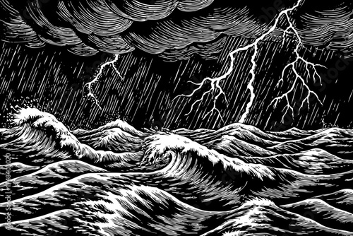 Tropical storm over open ocean black and white sketch at night with bright lightning bolts and high dramatic waves