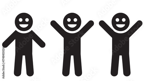 Three simple stick figures celebrating with raised arms and happy smiles