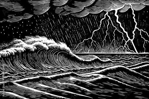 Tropical storm over open ocean black and white sketch at night with bright lightning bolts and high dramatic waves