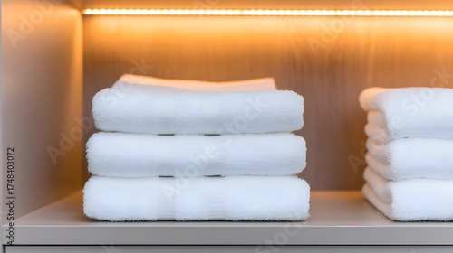 Neatly stacked white towels on a shelf illuminated by warm light, creating a cozy and inviting atmosphere