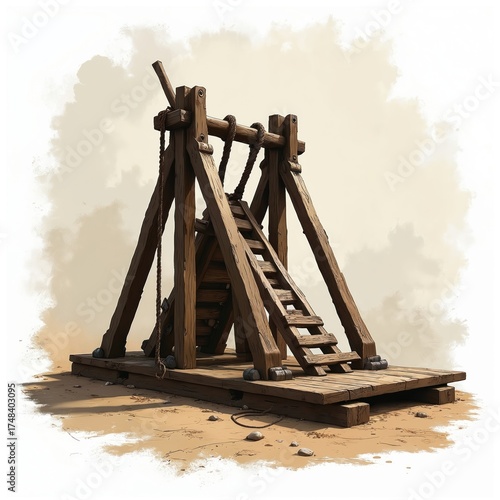 Rustic wooden trebuchet siege weapon stands on sandy ground. Ancient military device ready for battle. Historic machine uses counterweight for projectile launch. Illustration old warfare engineering.