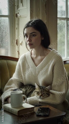 A thoughtful young woman finds comfort and peace indoors, sitting by a rainy window with her beloved cat, enjoying a quiet moment at home.
