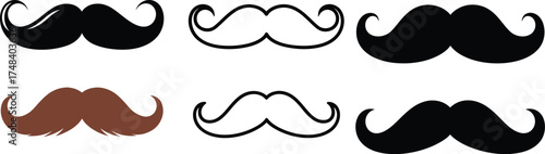 Various mustache styles including black and outline on white background