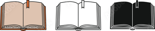 Three open books with bookmarks in color black and white variations