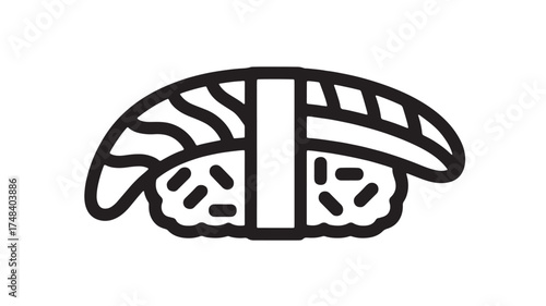 Simple black and white line art illustration of a salmon nigiri sushi piece