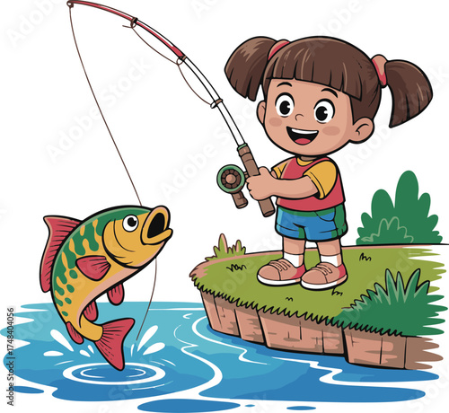 Cartoon Girl Enjoying Fishing Outdoors