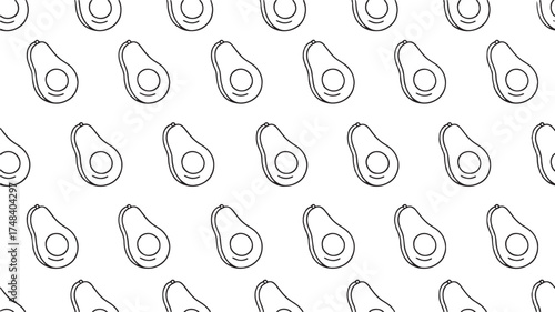 Simple, repeating pattern of halved avocados with pits, creating a fresh and healthy background.