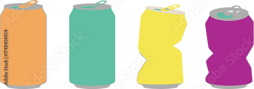 Four colorful aluminum cans in varying states of being crushed flat