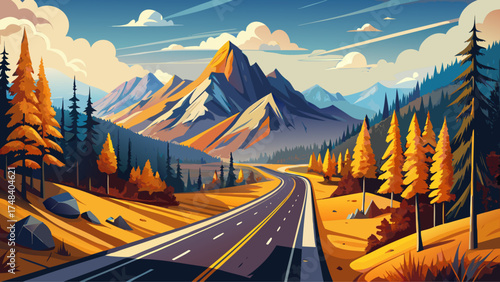 Very beautiful highway through the Cascade Mountains surrounded by golden Western Larch trees in fall, vector-style scene showcasing autumn brilliance and peaceful wilderness.