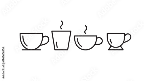 Collection of four stylized steaming coffee cups in simple line art on a white background