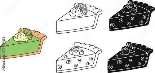 Illustration of six pie slices with different toppings and designs