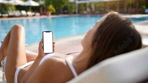 photograph of a beautiful young woman relaxing beside a luxury infinity pool, elegantly holding a mobile smartphone with a bright white screen