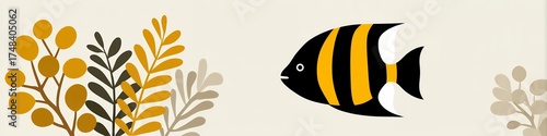 Striped Angelfish And Stylized Plant Elements On A Cream Background