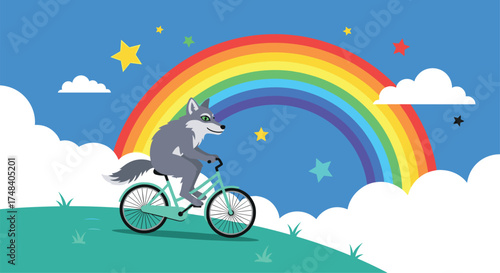 A whimsical wolf rides a bicycle under a vibrant rainbow and starry sky with fluffy clouds.