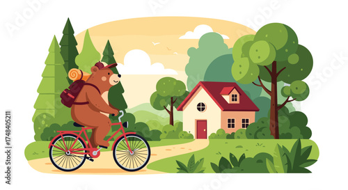A happy bear rides his bicycle through a scenic countryside landscape past a small house.