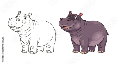 A whimsical cartoon hippo appears in outline and in full color side by side for artistic inspiration.