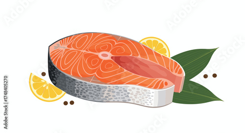 Fresh salmon steak with lemon slices and herbs