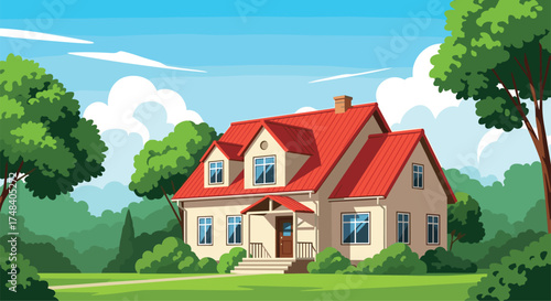 A charming pixel art house nestled amidst a lush green landscape with tall trees.