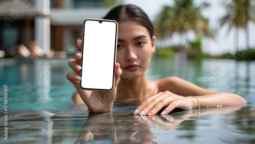 photograph of a beautiful young woman relaxing beside a luxury infinity pool, elegantly holding a mobile smartphone with a bright white screen