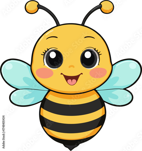 Cute Cartoon Bee Sticker Vector – Smiling Yellow Honeybee with Blue Wings and Rosy Cheeks
