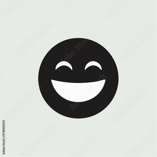 Black and white smiling face icon representing happiness and joy on a light background
