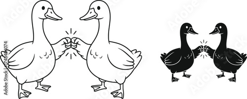 Two pairs of ducks fist bumping in color and black and white vector