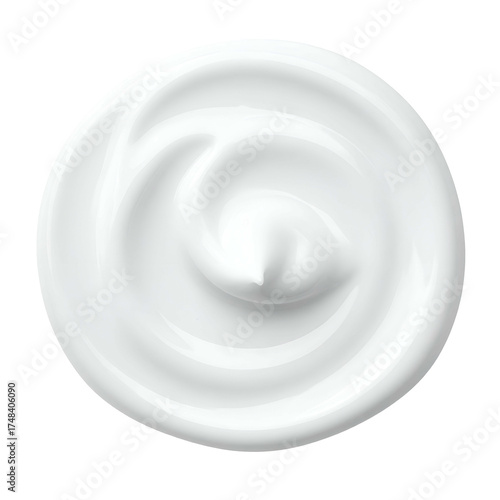 Swirled, creamy white substance against a black background, top-down view. Smooth texture