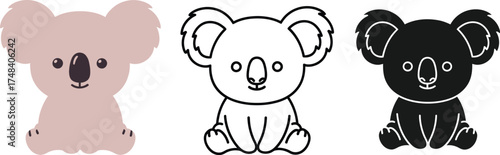 Three koala illustrations in color outline and silhouette styles