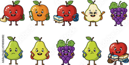 Cartoon school fruits, apples pears grapes orange, studying with books and test tube, playful illustration, whimsical design, cheerful children artwork