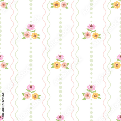 Seamless vector floral pattern with colorful Zinnia flowers and lines with dots on a white background. Perfect for fabric, wallpaper, wrapping paper, and textile design.