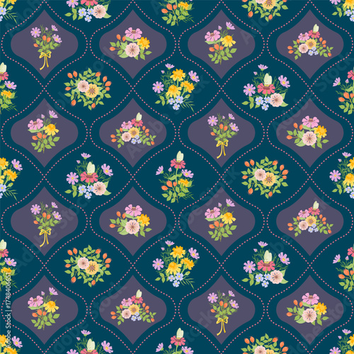 Seamless floral pattern with colorful bouquets on a dark blue background. Elegant vintage style for fabric, wallpaper, and wrapping paper designs.