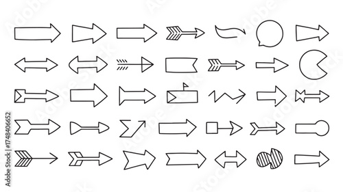 Collection of hand-drawn arrow icons in various styles and directions, perfect for navigation and design.