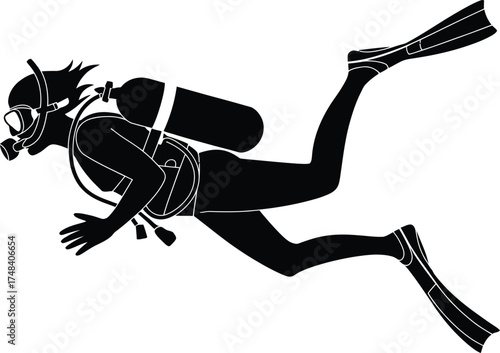 Black scuba diver in motion underwater exploration graphic on transparent background silhouette