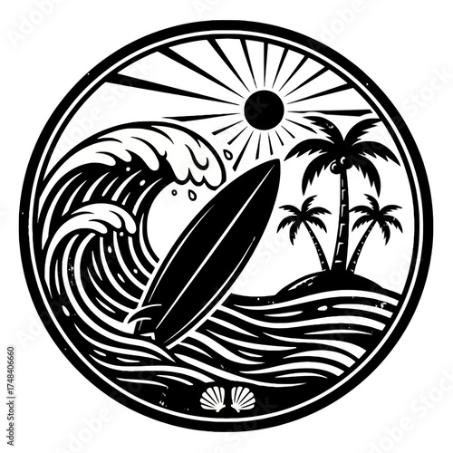 Retro vintage surfing badge vector illustration with palm trees and ocean wave silhouette