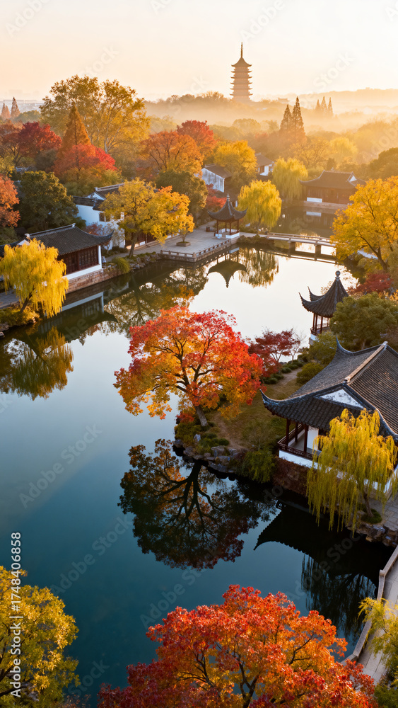Obraz premium Autumn garden with pond and pagoda
