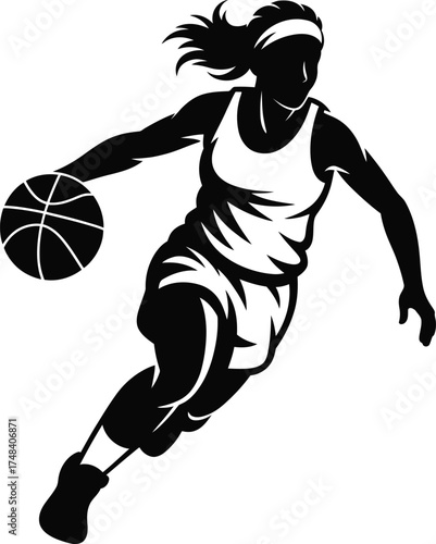Dynamic female basketball player dribbling a ball on transparent background silhouette