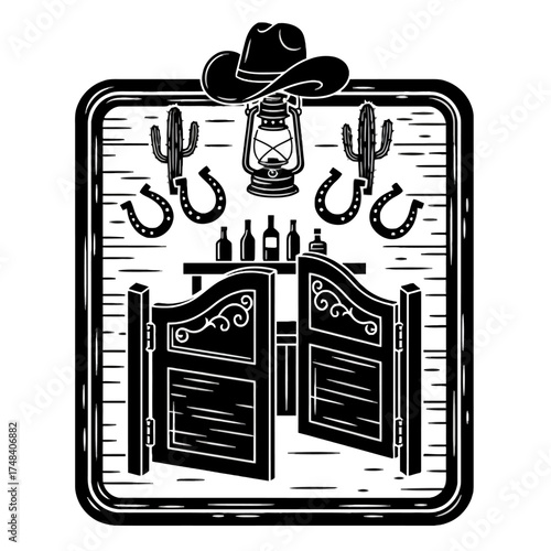 Saloon Doors Emblem vector icon with wild west bar, cowboy hat, and horseshoe elements